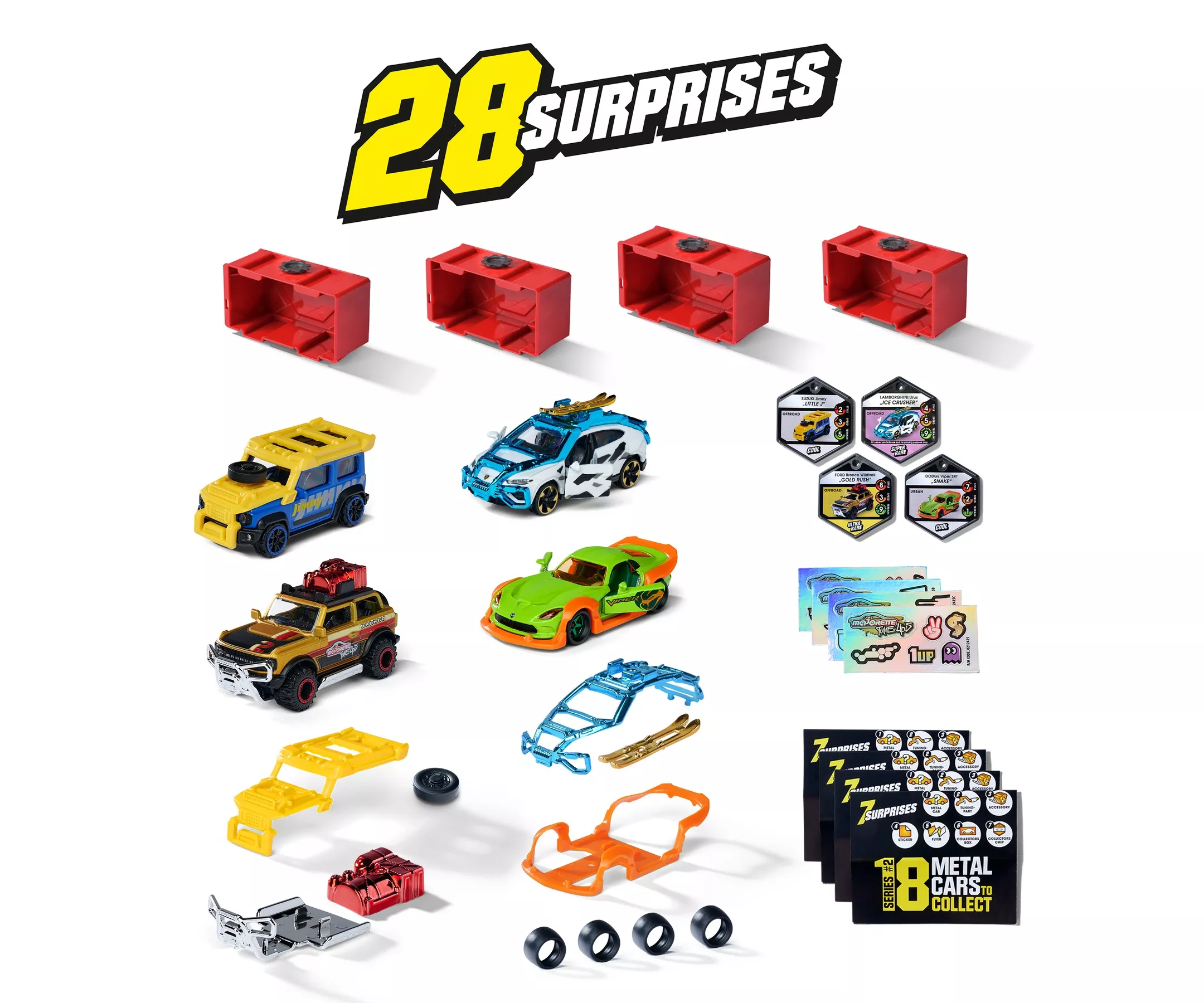 Majorette Tune Ups Series 2 - 4er Set mit 28 Überraschungen, 4 von 18 Autos zum Tunen im Überraschungspack (212051012)