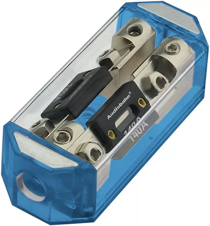AudioBahn A2ANLD ANL fuse box, 1 x 50mm ² Input, 2 x 25mm ² Output, cobalt blue base