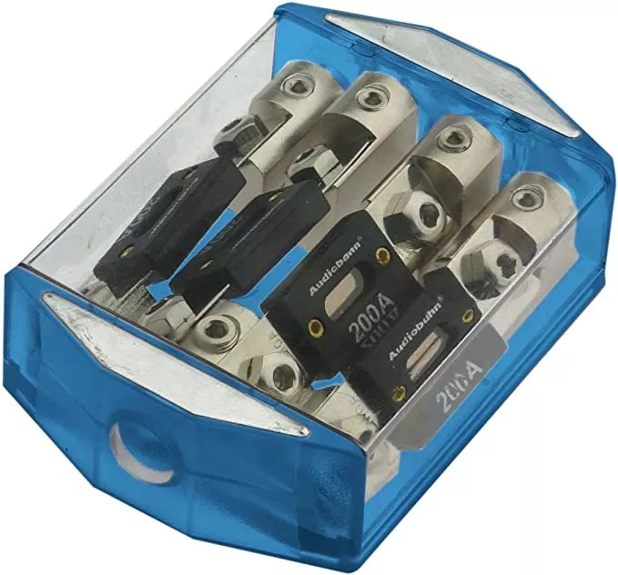 AudioBahn A4ANLD ANL fuse box, 1 x 50mm ² Input, 4 x 25mm ² Output, cobalt blue base
